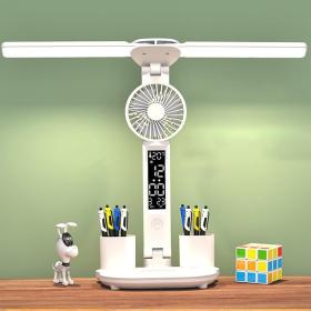 مصباح مكتب LED مزدوج مزود بمروحة ومنبه مدمج لتوفير إضاءة وانتعاش في وقت واحد.