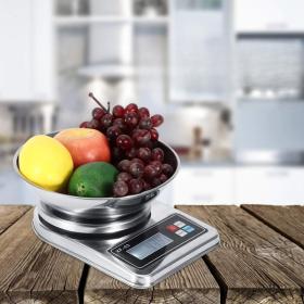 ميزان مطبخ رقمي عالي الدقة مع وعاء من الفولاذ المقاوم للصدأ، 5 كجم/1 جرام مع شاشة LCD