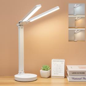 مصباح مكتبي برأس مزدوج، حماية للعين، إضاءة LED قابلة لإعادة الشحن مع 3 أوضاع إضاءة